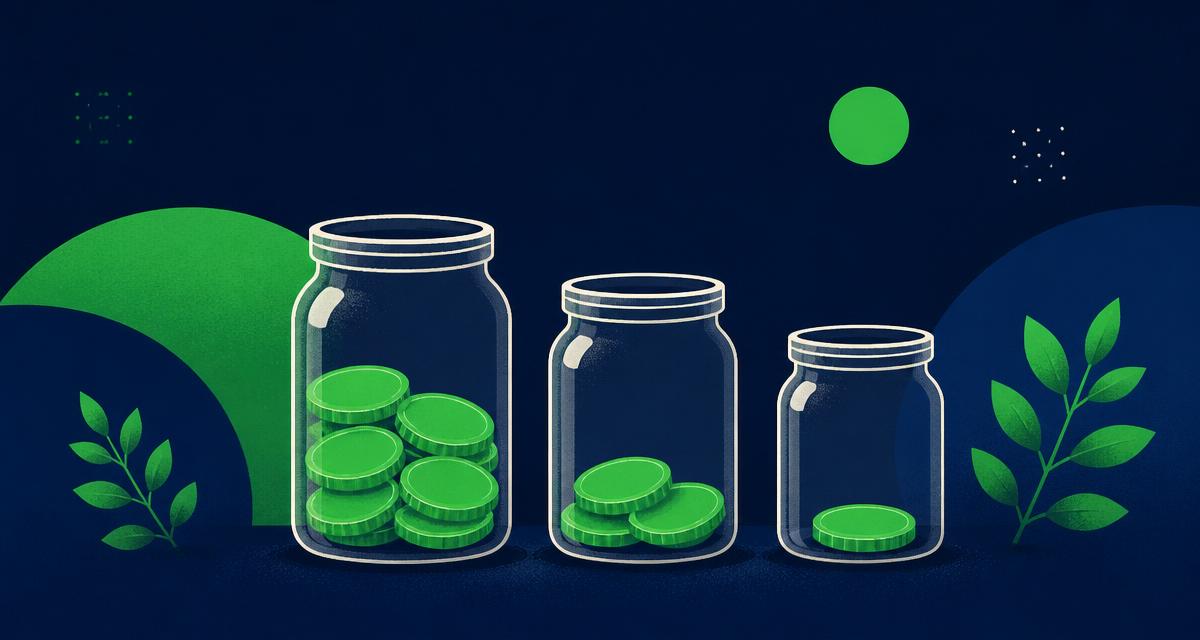 Três potes de vidro identificados com etiquetas de essenciais, você e futuro, sobre uma mesa de cozinha com moedas e notas ao lado