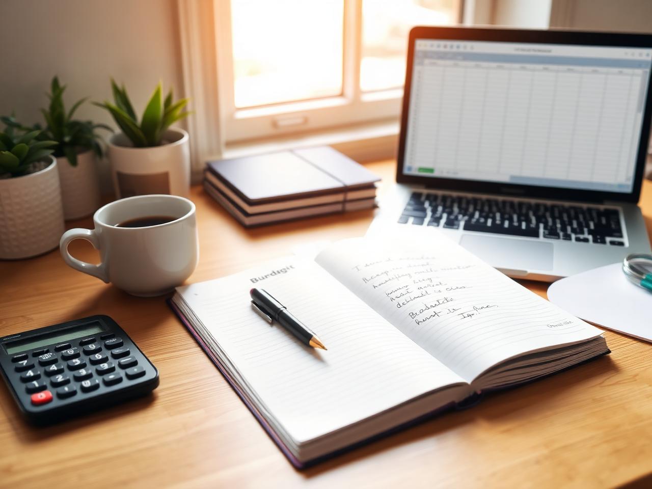 Mesa de trabalho com caderno de orçamento, calculadora e planilha simples de organização financeira